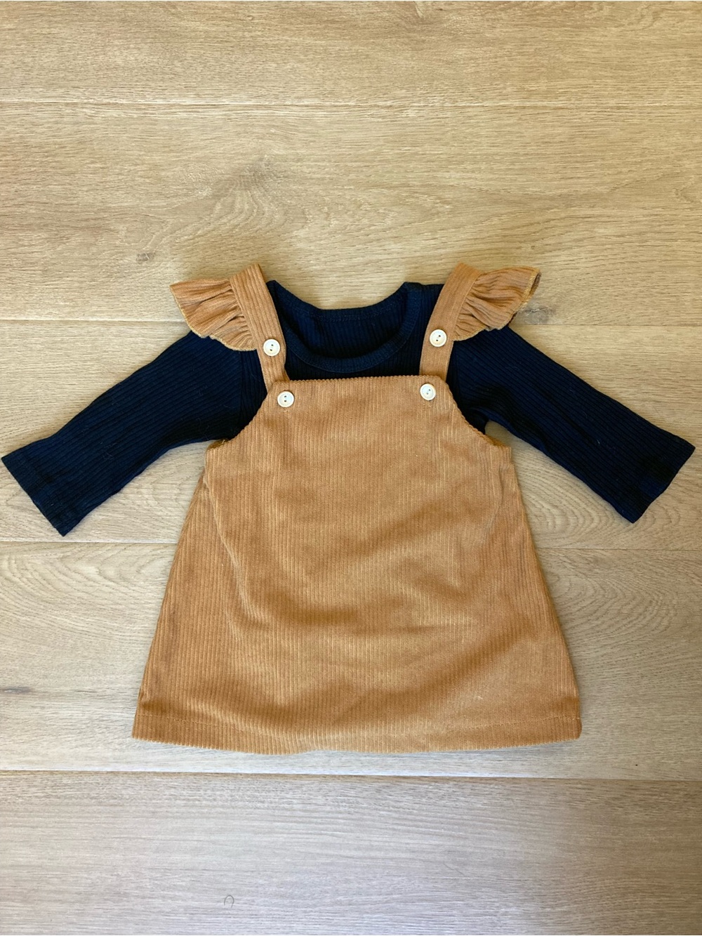 Tan Corduroy Pinafore Dress with Black Long Sleeve Onesie